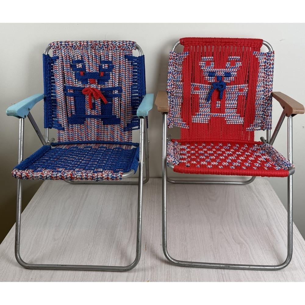 Vtg Set 2 Aluminum Folding Lawn Chair Child Sz Macrame Weave Woven Chair Match